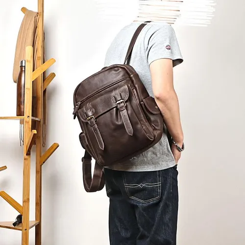 Coffee Cool Leather Mens School Backpack College Backpack 14'' Computer Backpack For Men