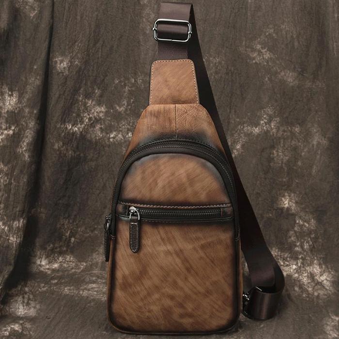 Brown Cool LEATHER MENS Sling Bag Chest Bag Khaki One Shoulder Bag For Men