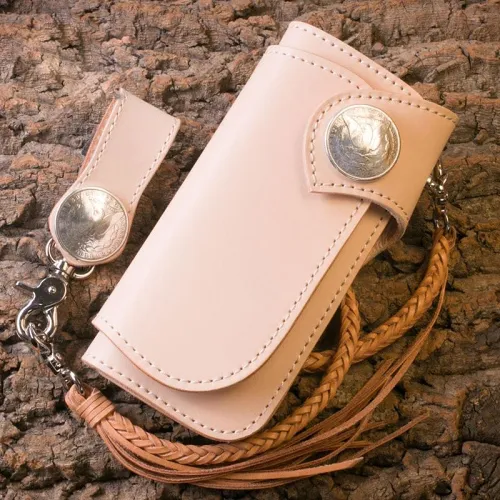 Handmade Mens Cool Beige Leather Chain Wallet Biker Trucker Wallet with Chain
