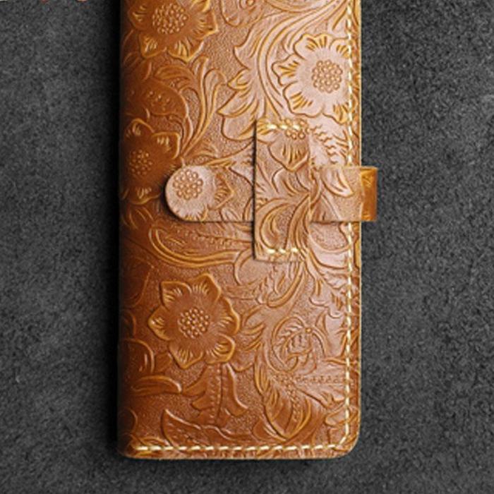 Handmade Leather Floral Mens Cool Travel Long Wallet Card Holder Card Slim Clutch Wallets for Men