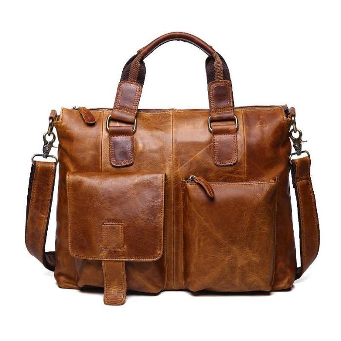 Vintage Brown Leather Men 15.6 inches Briefcase Handbag Brown Laptop Handbag Business Bag For Men