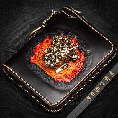Handmade Mahākāla Leather Black Biker Wallet Mens Cool Short Chain Wallet Trucker Wallet with Chain
