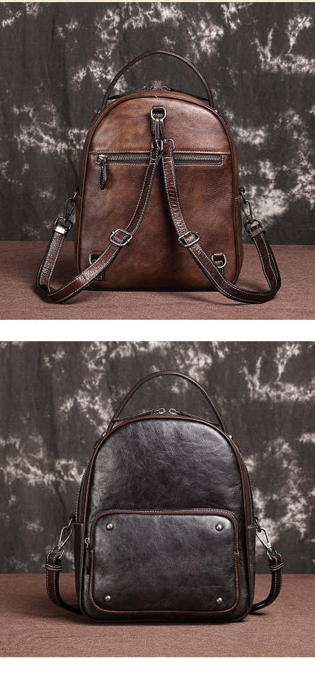 Brown Cool LEATHER Womens Small Red Backpack Mini College Backpack For Women