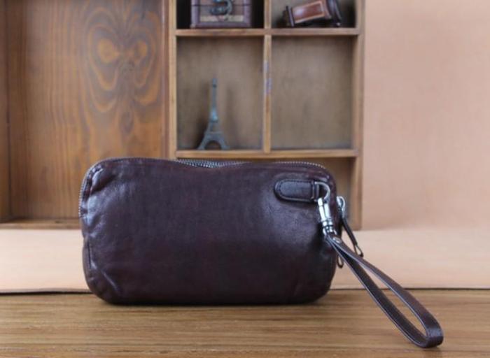 Handmade Genuine Leather Mens Cool Long Leather Wallet Zipper Clutch Wristlet Wallet for Men