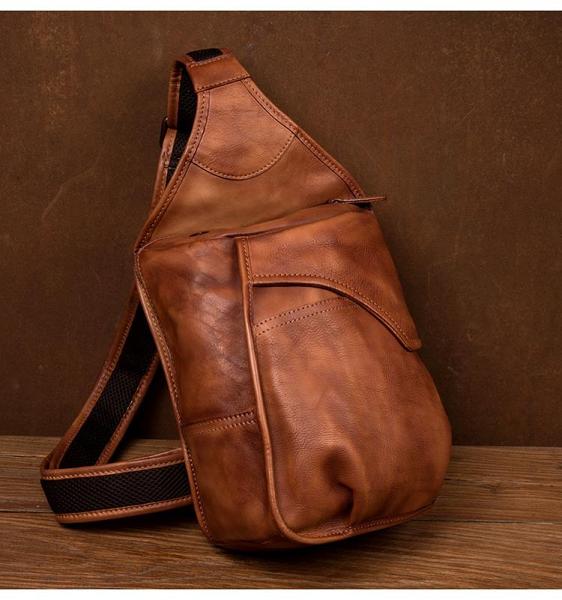 Cool Brown Leather Mens 8 inches Sling Bag Sling Pack Crossbody Pack Chest Bag for men