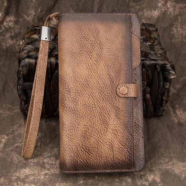 COOL MENS LEATHER Brown Bifold ZIPPER LONG CLUTCH WALLETS VINTAGE Brown Wristlet Long WALLET FOR MEN