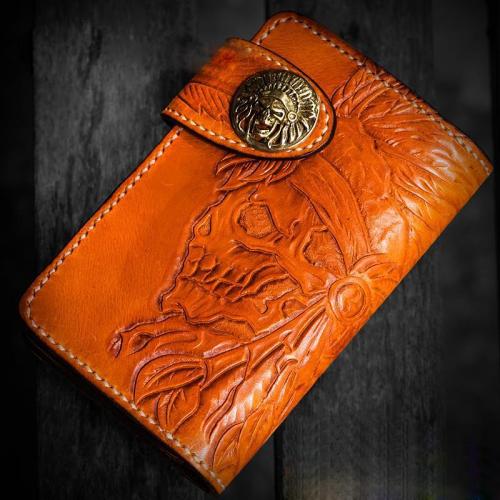 Handmade Leather Tooled Skull Indian Chief Biker Wallet Mens Cool Short Chain Wallet Trucker Wallet with Chain