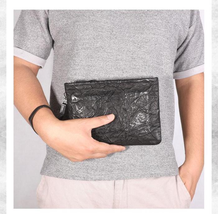 Handmade Leather Mens Black Cool Long Wallet Wirstlet Bag Ultra Thin Clutch Wallet for Men