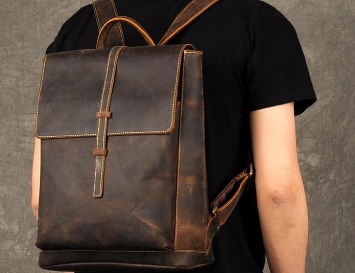 Genuine Leather Mens Cool Backpack Sling Bag Large Brown Travel Bag Hiking Bag for men