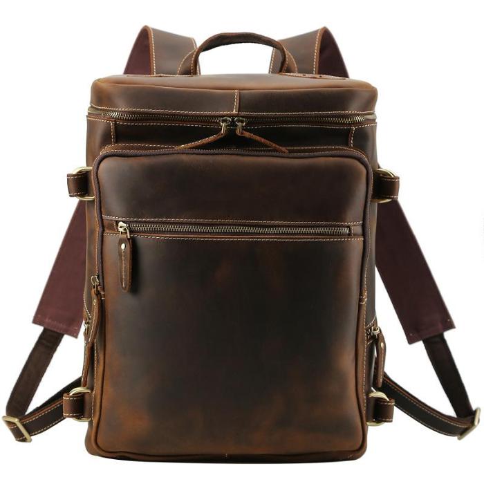 Brown Leather Men's 16 inches Large Computer Backpack Retro Large Travel Backpack Large College Backpack For Men