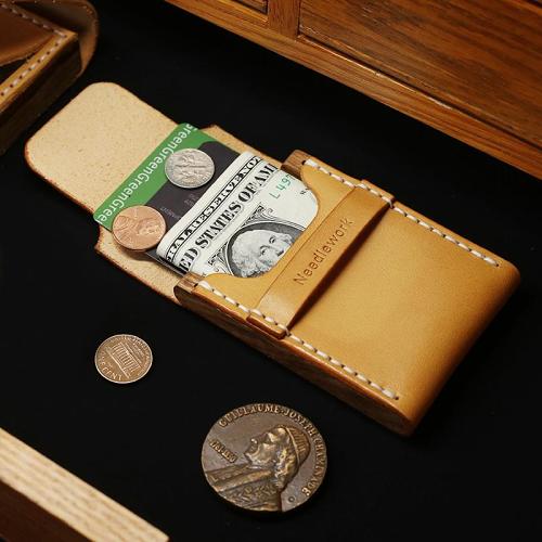 Handmade Wooden Brown Leather Mens Wallet Small Card Holder Coin Wallet for Men