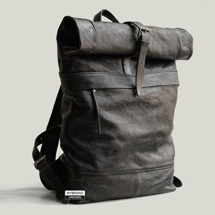 Genuine Leather Mens Cool Backpack Sling Bag Large Black Travel Bag Hiking Bag for men