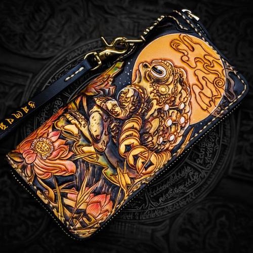 Handmade Leather Tooled Toad Chain Wallet Mens Biker Wallet Cool Leather Wallet Long Phone Wallets for Men