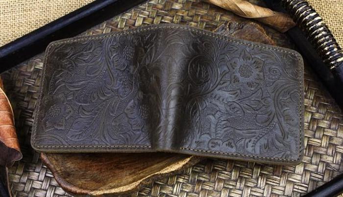 Handmade Leather Floral Mens Cool Slim Leather Wallet Men billfold Wallets Bifold for Men