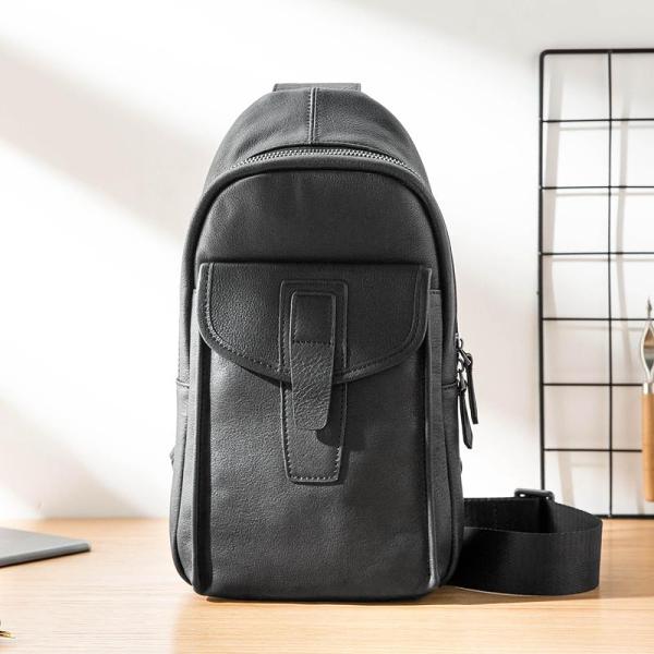 Cool Mens Black Leather 8 inches Chest Bag Sling Black One Shoulder Backpack Sling Backpack for men