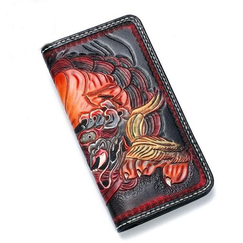 Handmade Leather Chinese Lion Mens Chain Biker Wallet Cool Leather Wallet With Chain Wallets for Men