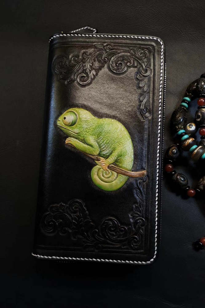 Badass Black Leather Men's Chameleon Biker Wallet Handmade Tooled Zipper Long Wallets For Men