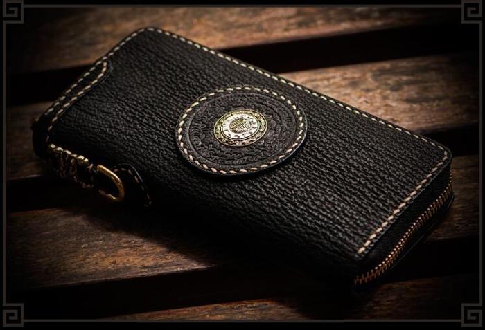 Handmade Leather Tibetan Mens Chain Biker Wallet Cool Leather Wallet Long Clutch Wallets for Men