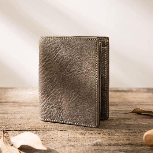 Gray Cool Leather Mens Small Wallet Bifold Vintage Slim billfold Wallet for Men