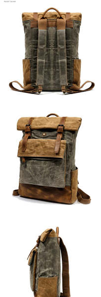 Cool Waxed Canvas Leather Mens Black 15'' Large Waterproof Travel Backpacks Computer Hiking Backpack for Men