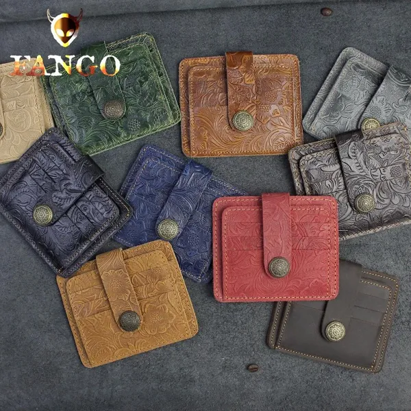 Handmade Leather Floral Mens Cool Front Pocket Wallet Short Wallet Card Holder Small Card Slim Wallets for Men