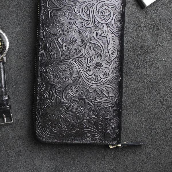 Handmade Leather Floral Mens Cool Travel Long Wallet Card Holder Card Slim Clutch Wallets for Men