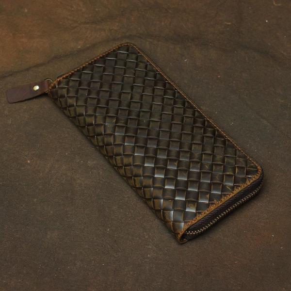 Vintage Braided Brown Leather Men's Clutch Long Wallet Zipper Long Wallet For Men