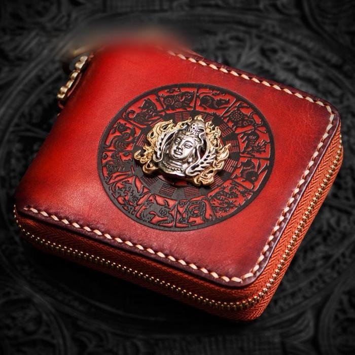 Handmade Leather Small Tooled Mens billfold Wallet Cool Chain Wallet Biker Wallet for Men