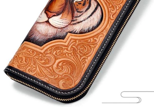 Handmade Leather Mens Clutch Wallet Cool Floral Tiger Tooled Wallet Long Zipper Wallets for Men