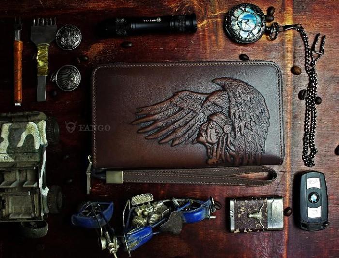 Handmade Leather Mens Tooled Indian Cool Zipper Phone Travel Long Wallet Card Holder Card Slim Clutch Wallets for Men