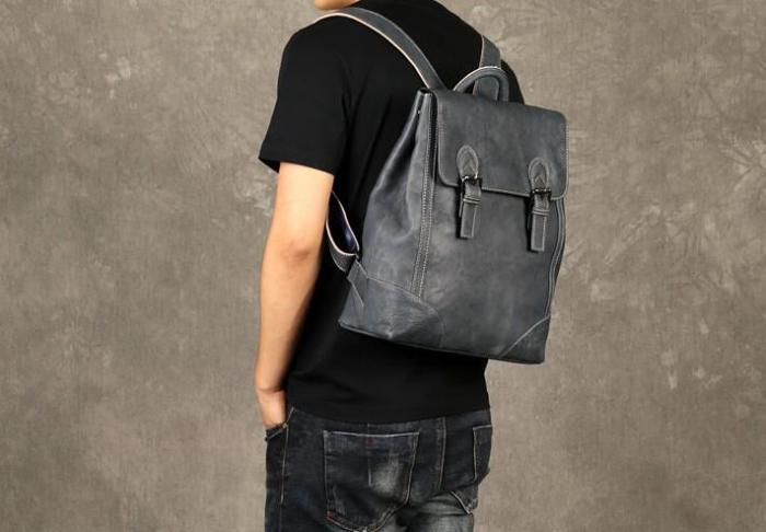 Genuine Leather Mens Cool Backpack Sling Bag Large Black Travel Bag Hiking Bag for men