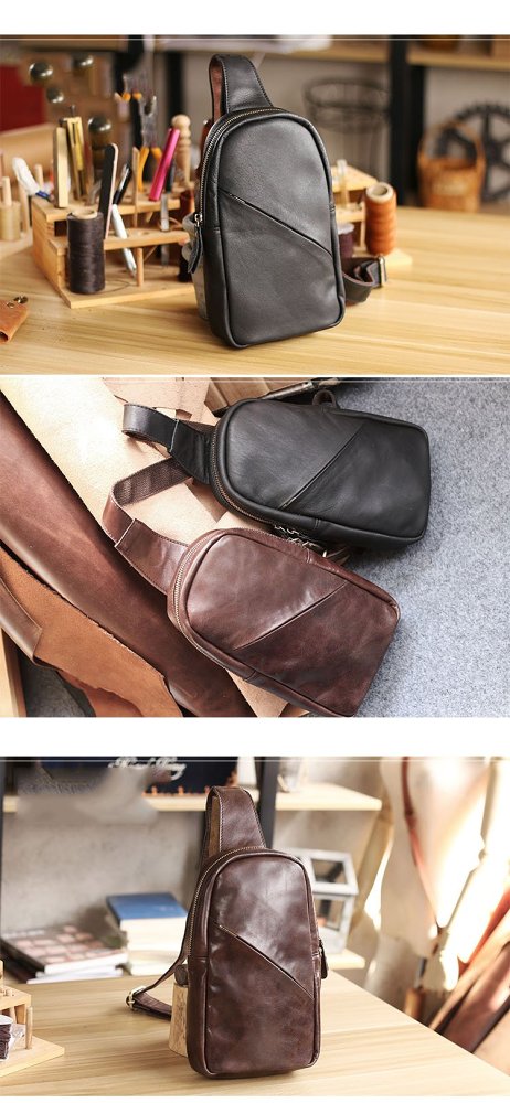 Vintage Dark Brown Leather Mens Chest Bag Black Sling Bag Sling Pack For Men