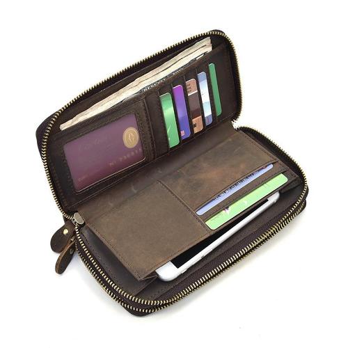 Handmade Leather Mens Cool Long Leather Wallet Zipper Wristlet Bag Clutch Wallet for Men