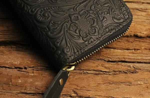 Handmade Leather Floral Floral Mens Cool Zipper Phone Travel Long Wallet Card Holder Card Slim Clutch Wallets for Men