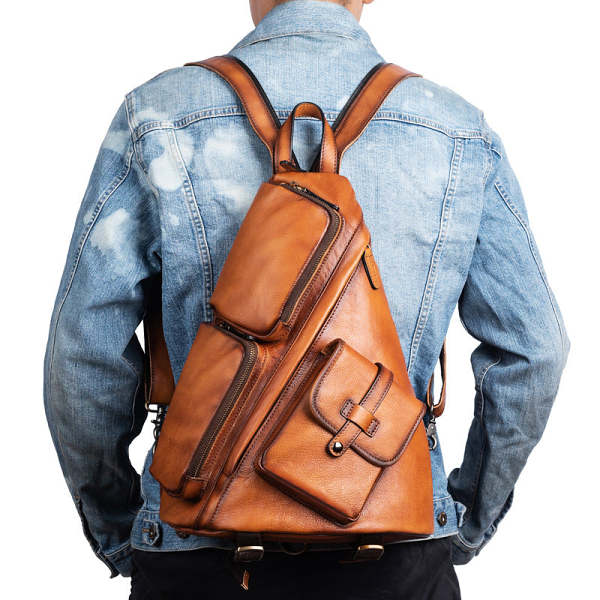 Men's Brown Leather Sling Bag Large Convertible Cool Backpacks Sling Crossbody Pack For Men