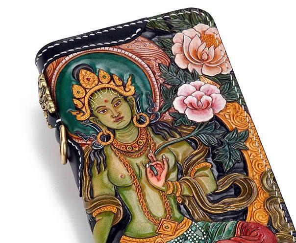 Handmade Leather Green Tara Buddhism Mens Chain Biker Wallet Cool Leather Wallet With Chain Wallets for Men