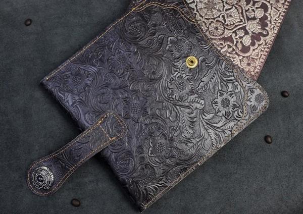 Handmade Leather Floral Mens Cool Travel Long Wallet Card Holder Card Slim Clutch Wallets for Men