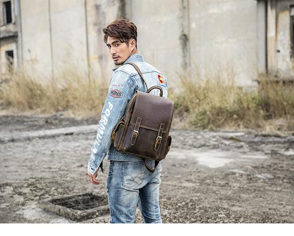 Dark Brown Cool Mens 15 inches Leather Computer Backpacks Travel Backpacks Laptop Backpack for men