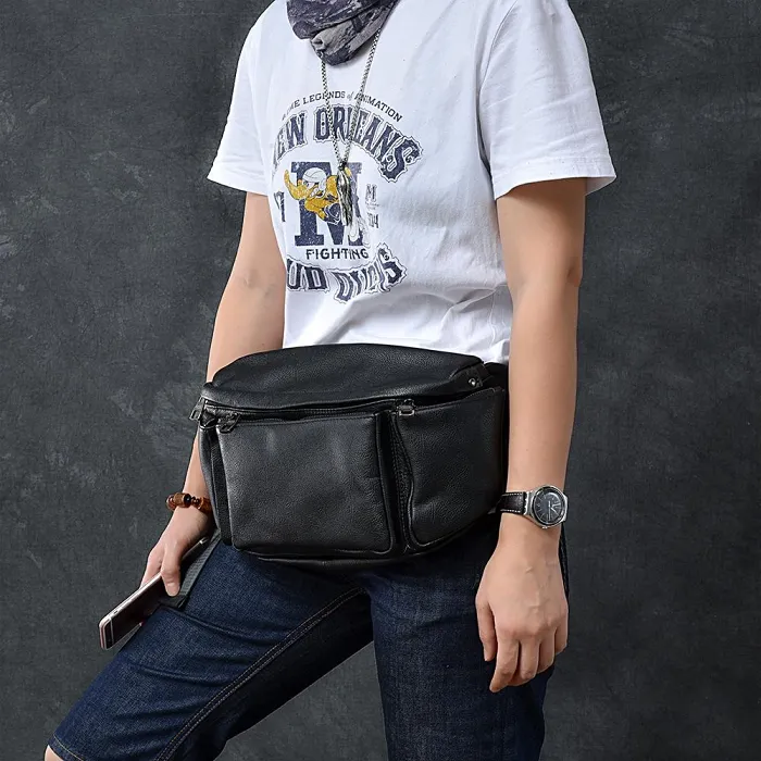 Black Large Sling Bag Hip Bag for Men Leather Mens Large Fanny Pack Waist Bag