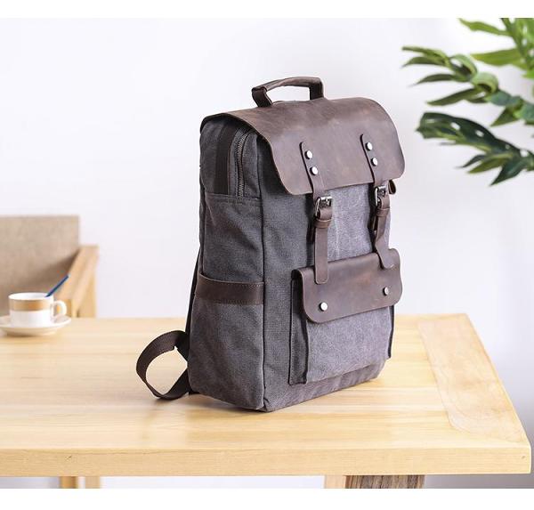Dark Gray Waxed Canvas Mens Large 15'' Laptop Backpack College Backpack Hiking Backpack for Men