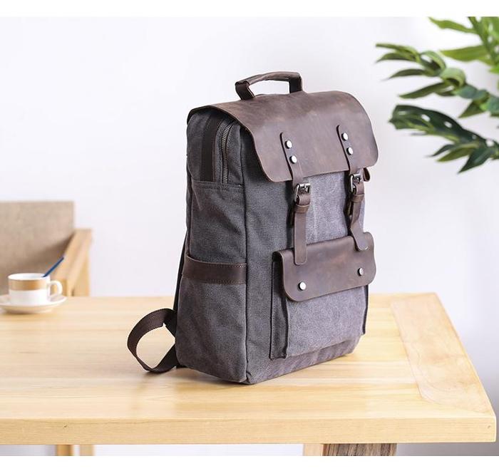 Dark Gray Waxed Canvas Mens Large 15'' Laptop Backpack College Backpack Hiking Backpack for Men
