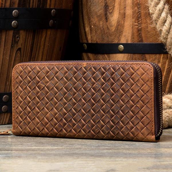 Brown Woven Mens long Wallet Wristlet Wallet Clutch Wallet Zipper Bifold Long Wallet for Men
