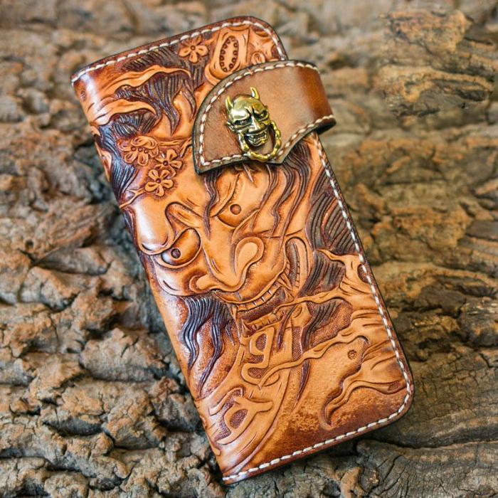 Handmade Leather Mens Cool Tooled Prajna Chain Wallet Biker Trucker Wallet with Chain