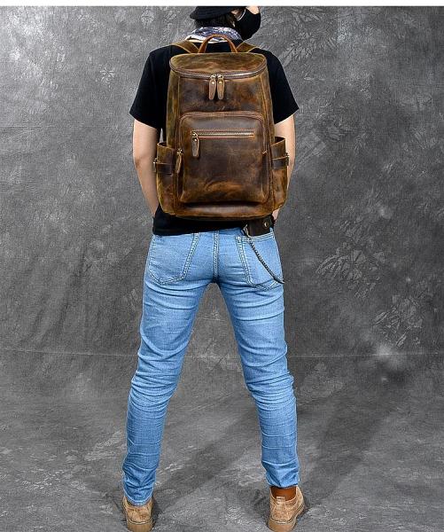 Brown Leather Mens 14 Laptop Large Backpack Hiking Backpack Travel Backpack College Bag for Men
