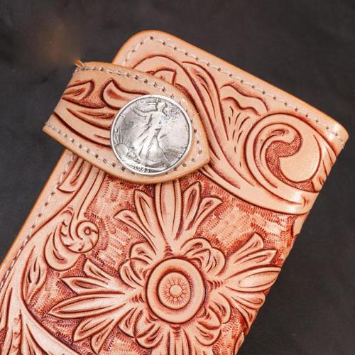 Handmade Mens Cool Tooled Floral Leather Chain Wallet Biker Trucker Wallet with Chain