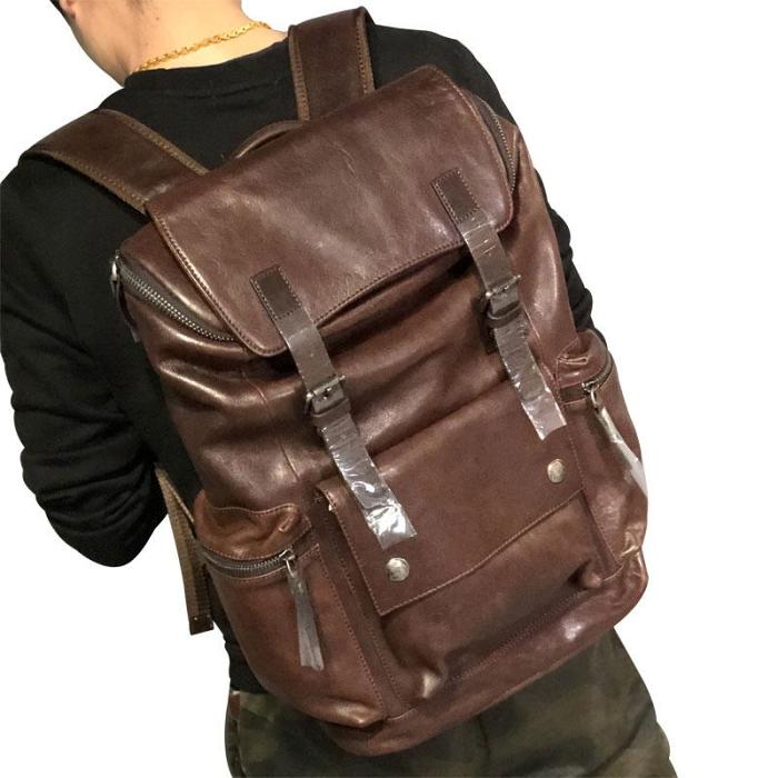 Genuine Leather Mens Cool Backpack Sling Bag Large Black Travel Bag Hiking Bag for men