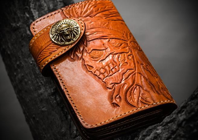 Handmade Leather Tooled Skull Indian Chief Biker Wallet Mens Cool Short Chain Wallet Trucker Wallet with Chain