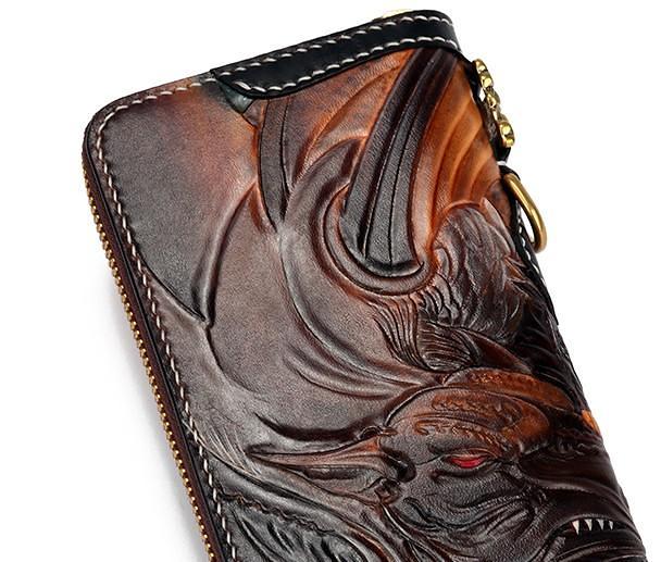 Handmade Leather Taming Dragon Mage Mens Chain Biker Wallet Cool Leather Wallet With Chain Wallets for Men
