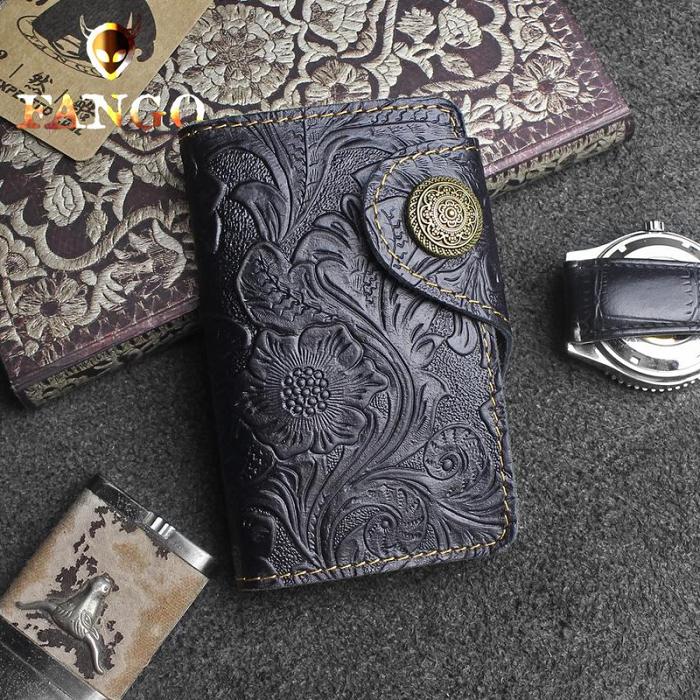 Handmade Leather Floral Mens Cool Key Wallet Wallet Card Holder Small Card Keychain Wallets for Men