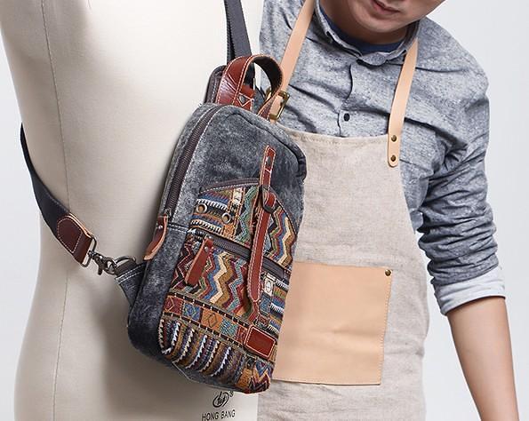 Folk Canvas Mens Sling Bag Vintage Chest Bag One Shoulder Pack for men